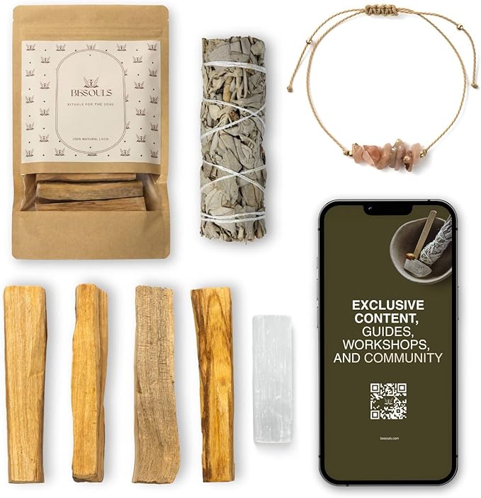 Zestaw do oczyszczania energetycznego: 4 Palo Santo, 1 biała szałwia, bransoletka jako prezent + selenit (cyfrowa zawartość QR) – naturalne i idealne do medytacji, jogi, rytuałów duchowych