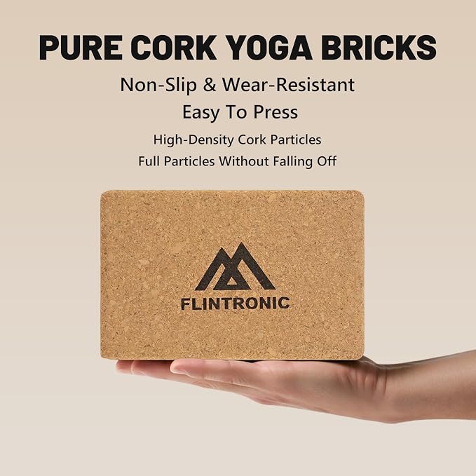 Flintronic Korkowe klocki do jogi, 2 szt. cegieł do jogi z korkiem, z taśmą oporową, klocki fitness do treningu pilatesu i ćwiczeń w domu - obrazek 3