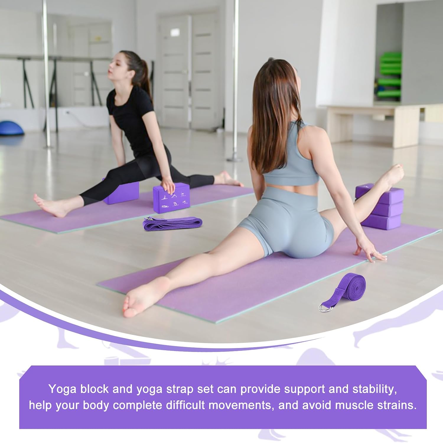 RETON Zestaw 2 klocków do jogi z paskiem, lekkie klocki z pianki EVA, klocki do jogi, pilates, blok do jogi o wysokiej gęstości, antypoślizgowa cegła do jogi, do rozciągania, poprawy wytrzymałości i - obrazek 7