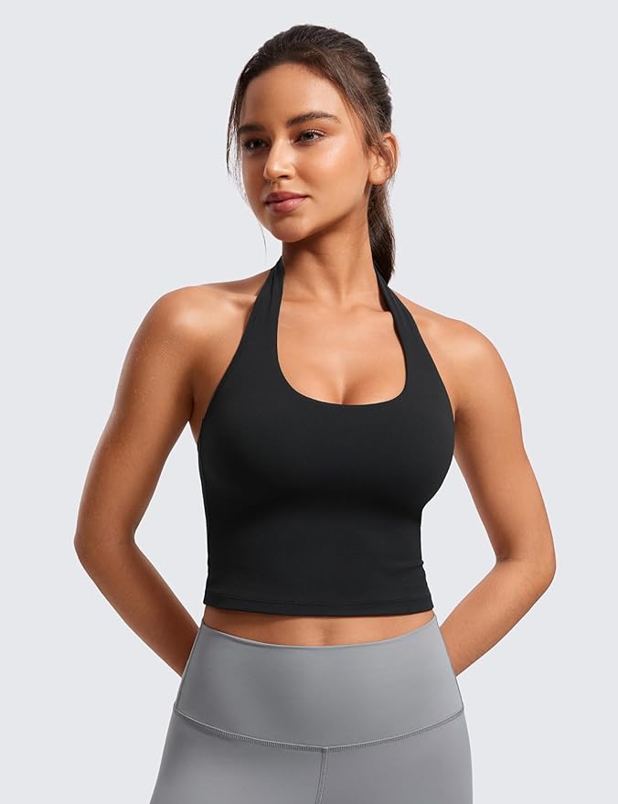 CRZ YOGA Butterluxe Halter Crop Tank Tops | Lekkie wsparcie, wyjmowane wkładki, do jogi, wyjątkowo miękkie, z odkrytymi plecami, długie biustonosze sportowe dla kobiet - obrazek 3