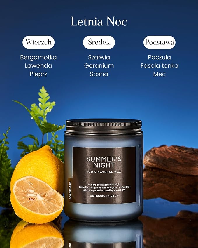 M&SENSE Świeca Letnia Noc (Paczula) w Szklanym Słoiku (200g, 50h) - Naturalna Sojowa z 1 Knotami | Długotrwała | Prezent dla Niej i dla Niego - obrazek 3
