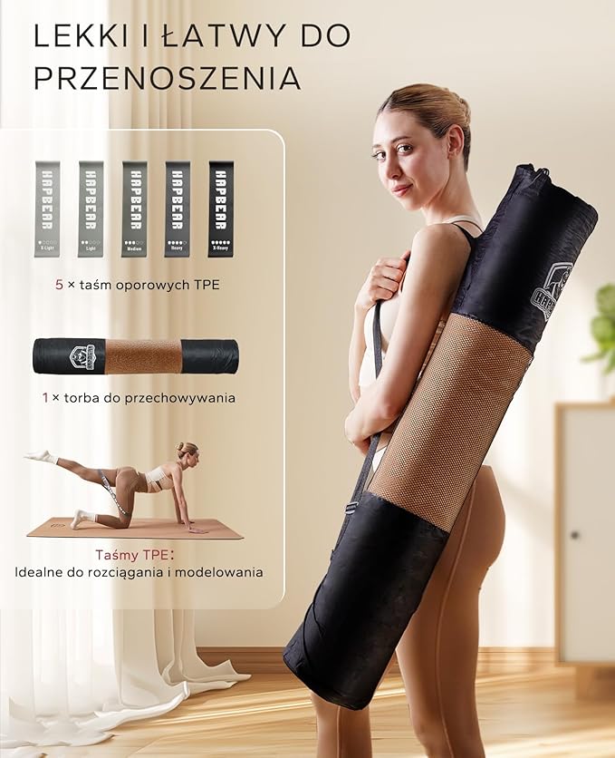 HAPBEAR Mata do jogi z korka XXL – Antypoślizgowa, 183×116/91 cm, 6 mm, 100% naturalna, trwała, do jogi i pilatesu, z taśmą oporową i torbą - obrazek 7