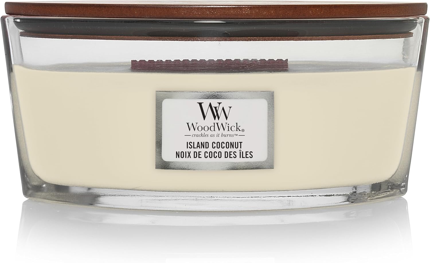 Woodwick Świeca zapachowa Ellipse z trzeszczącym knotem, orzech kokosowy, drewno do 50 godzin, biała - obrazek 2