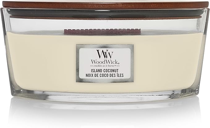 Woodwick Świeca zapachowa Ellipse z trzeszczącym knotem, orzech kokosowy, drewno do 50 godzin, biała