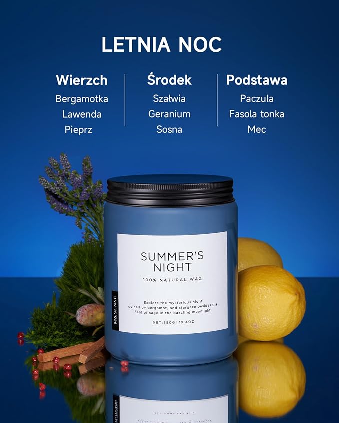 M&SENSE Świeca Letnia Noc (Paczula) w Szklanym Słoiku (550g, 110h) - Naturalna Sojowa z 2 Knotami | Długotrwała | Prezent dla Niej i dla Niego - obrazek 3