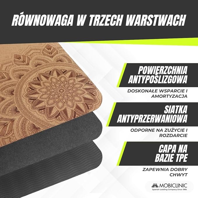 Mobiclinic®, Mata do jogi z naturalnego korka, Antypoślizgowa, Torba transportowa, Antybakteryjna, Grubość 4 mm, Tpe w 100% recyklingu, 183x61cm, Wzór mandali, Ey-02, Joga, Pilates, Fitness - obrazek 3