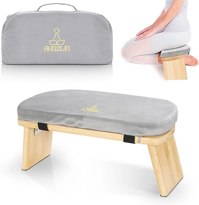 Ławka do medytacji składana, ergonomiczna z bambusa do jogi i zaawansowanej praktyki z poduszką, przenośna i torbą do transportu na kolana, do modlitwy (szary)