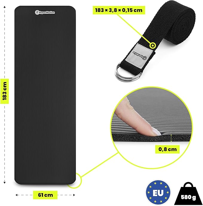 HyperMotion Mata do Ćwiczeń Fitness i Jogi NBR 183x61x0,8 cm Czarna, Antypoślizgowa, 8 mm, z Paskiem do Ćwiczeń i Przenoszenia, do Jogi, Pilatesu i Stretchingu - obrazek 4
