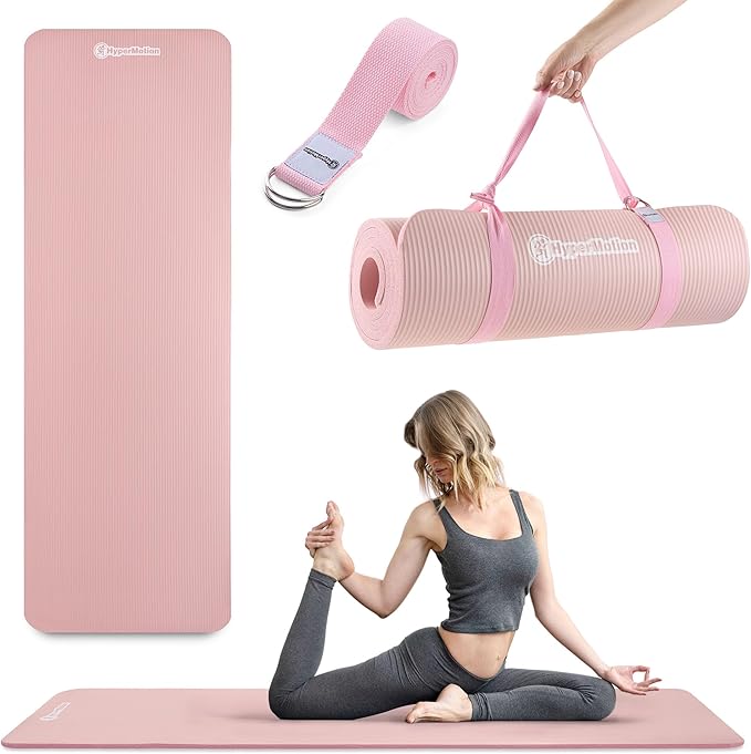 HyperMotion Mata do Ćwiczeń Fitness i Jogi NBR 183x61x1,5 cm Różowa, Antypoślizgowa 15 mm, z Paskiem do Ćwiczeń i Przenoszenia, Gruba Mata do Jogi, Pilates i Stretchingu