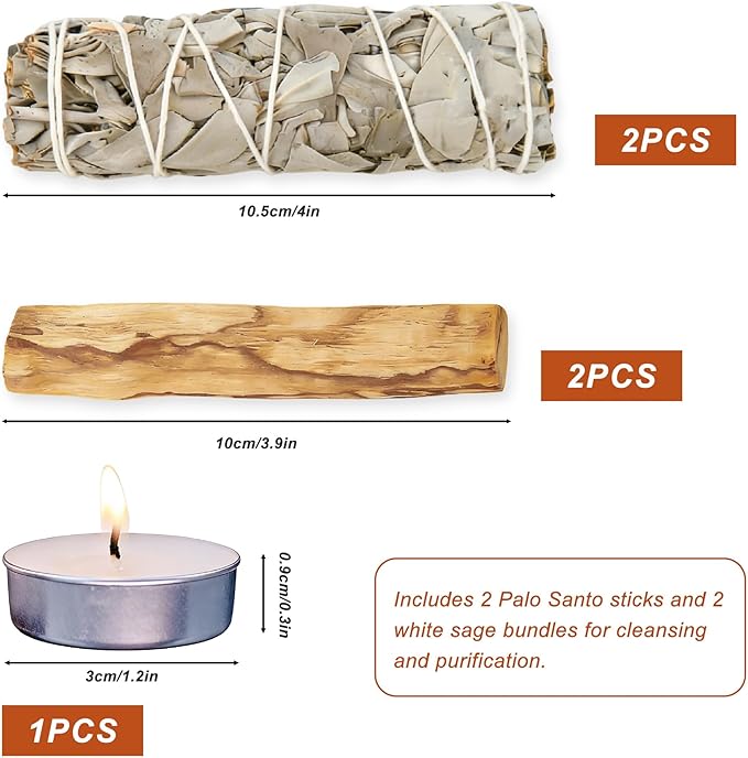 2 białe szałwia i 2 palo Santo Premium kalifornijskie, w 100% naturalne, kontrolowane i zrównoważone zbiory, tradycyjne kadzidełka, odpowiednie do odstraszania negatywnej energii - obrazek 3