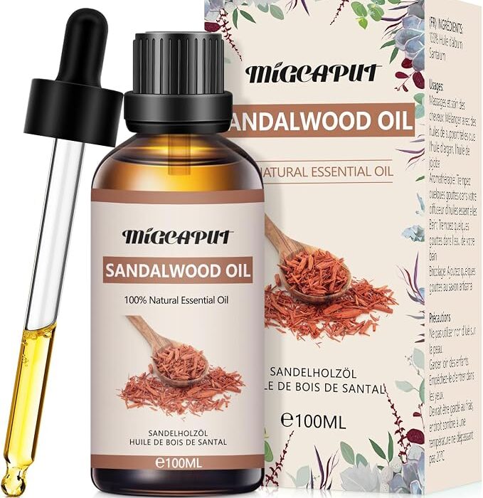 MIGCAPUT Olejek Eteryczny z Drzewa Sandałowego 100ML, Naturalny Olejki Aromaterapeutyczny, Olejek Zapachowy Premium do Dyfuzora, SPA, Masażu, Ręcznie Robione Mydło, Ręcznie Robione Świece