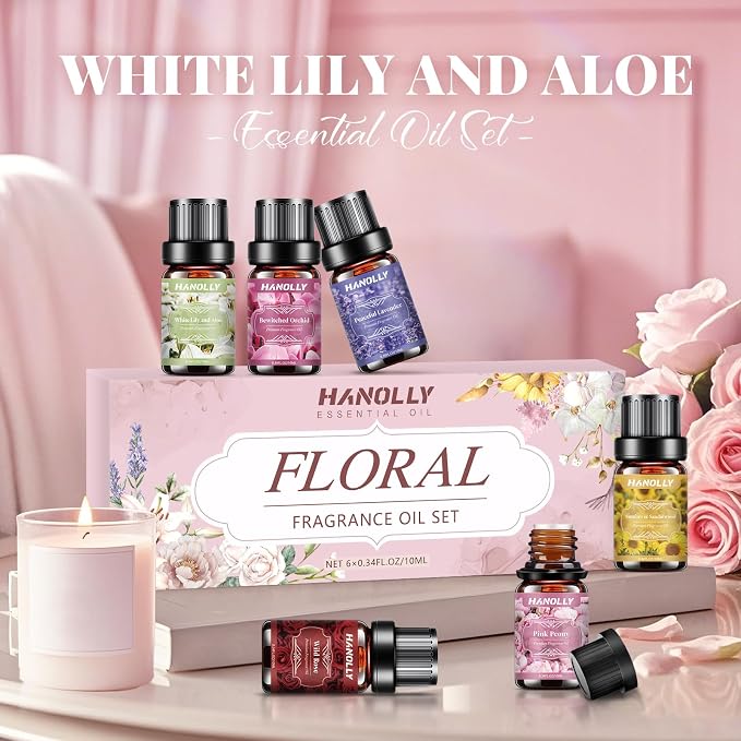 Hanolly 6 x 10 ml Zestaw Kwiatowych Olejków Eterycznych, Naturalne Olejki Zapachowe Do Dyfuzorów – Biała Lilia I Aloes, Różowa Piwonia, Dzika Róża, Słonecznik, Drzewo Sandałowe, Orchidea, Lawenda - obrazek 4