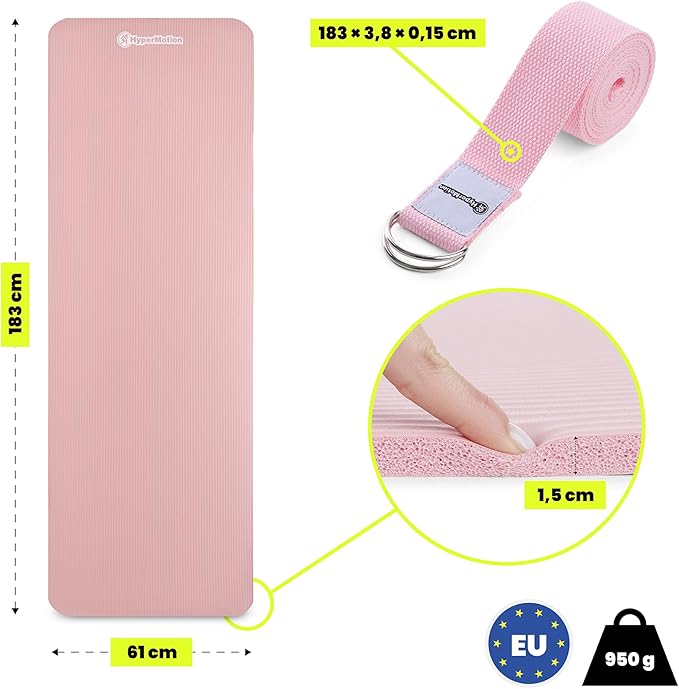 HyperMotion Mata do Ćwiczeń Fitness i Jogi NBR 183x61x1,5 cm Różowa, Antypoślizgowa 15 mm, z Paskiem do Ćwiczeń i Przenoszenia, Gruba Mata do Jogi, Pilates i Stretchingu - obrazek 4