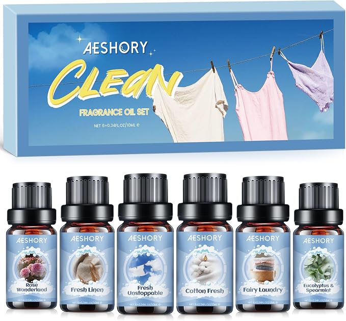 Zestaw Olejków Eterycznych Do Prania 6x10ml, Naturalny Olejek Zapachowy Do Dyfuzora, Czyszczenie – Niesamowicie Świeży, Len, Bawełna, Eukaliptus I Mięta, Pranie Jak Wróżka, Różany Cud