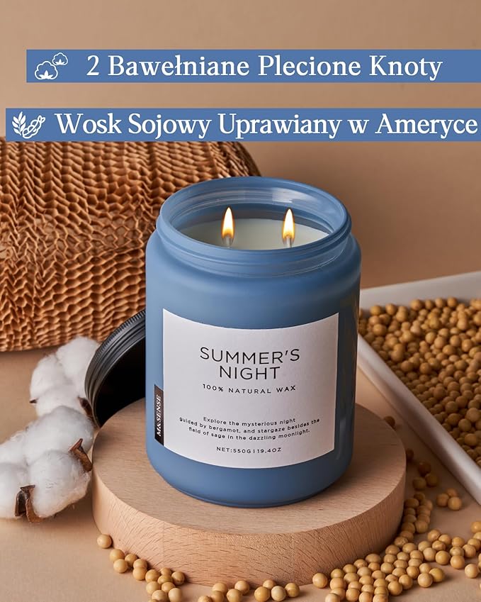 M&SENSE Świeca Letnia Noc (Paczula) w Szklanym Słoiku (550g, 110h) - Naturalna Sojowa z 2 Knotami | Długotrwała | Prezent dla Niej i dla Niego - obrazek 4