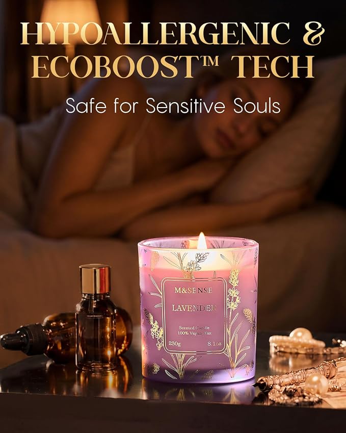 M&SENSE Świece Sojowe Lawendowe 230g, Długi Czas Palenia 42h, Delikatny Zapach Relaksacyjny do Aromaterapii i Kąpieli, Elegancka Dekoracja Domowa, Prezent dla Kobiet i Mężczyzn | 42 h, nietoksyczny, aromaterapeutyczny zapach do pomieszczeń, szkło wielokrotnego użytku - obrazek 5