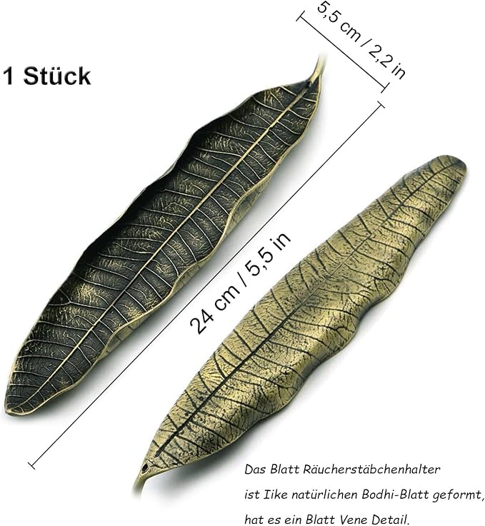 Podstawka na kadzidełka, 24 cm, stop cynku, uchwyt do popiołu, metalowe liście, na kadzidła zapachowe, do domu, biura, do jogi, medytacji (brąz) - obrazek 3