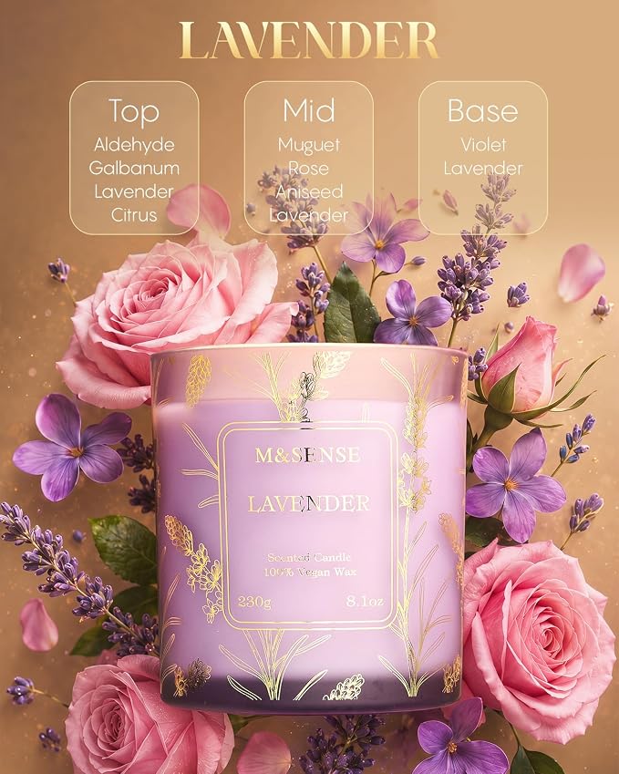 M&SENSE Świece Sojowe Lawendowe 230g, Długi Czas Palenia 42h, Delikatny Zapach Relaksacyjny do Aromaterapii i Kąpieli, Elegancka Dekoracja Domowa, Prezent dla Kobiet i Mężczyzn | 42 h, nietoksyczny, aromaterapeutyczny zapach do pomieszczeń, szkło wielokrotnego użytku - obrazek 3