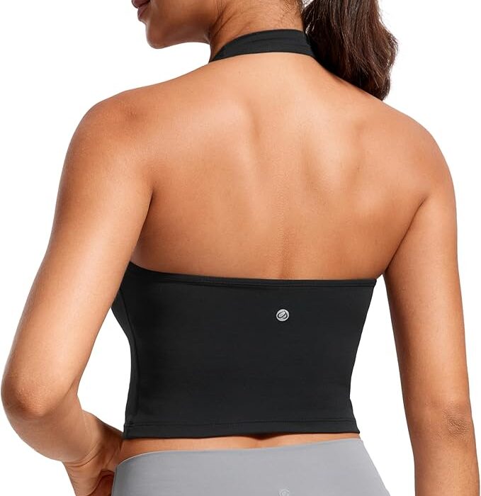 CRZ YOGA Butterluxe Halter Crop Tank Tops | Lekkie wsparcie, wyjmowane wkładki, do jogi, wyjątkowo miękkie, z odkrytymi plecami, długie biustonosze sportowe dla kobiet