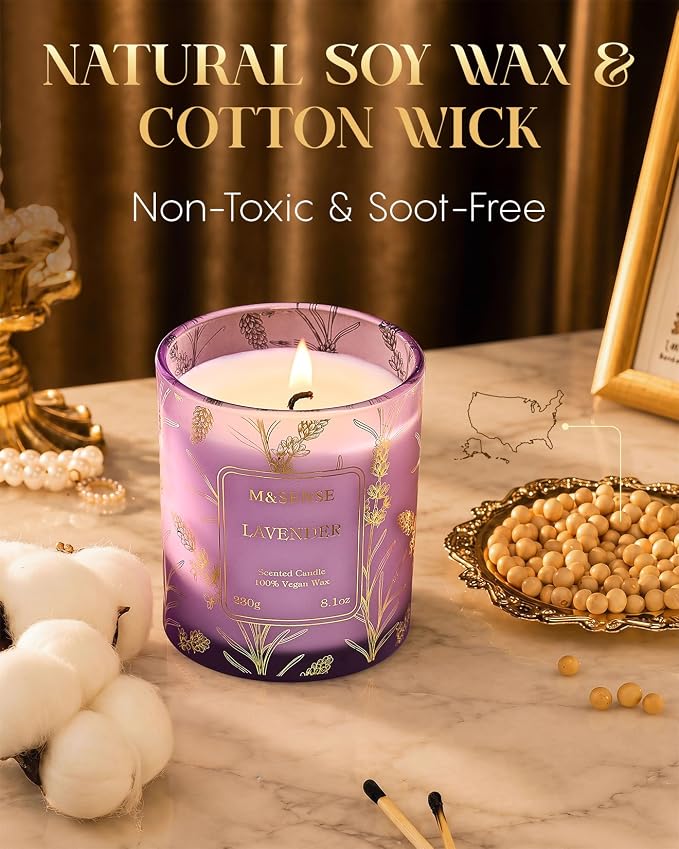 M&SENSE Świece Sojowe Lawendowe 230g, Długi Czas Palenia 42h, Delikatny Zapach Relaksacyjny do Aromaterapii i Kąpieli, Elegancka Dekoracja Domowa, Prezent dla Kobiet i Mężczyzn | 42 h, nietoksyczny, aromaterapeutyczny zapach do pomieszczeń, szkło wielokrotnego użytku - obrazek 7