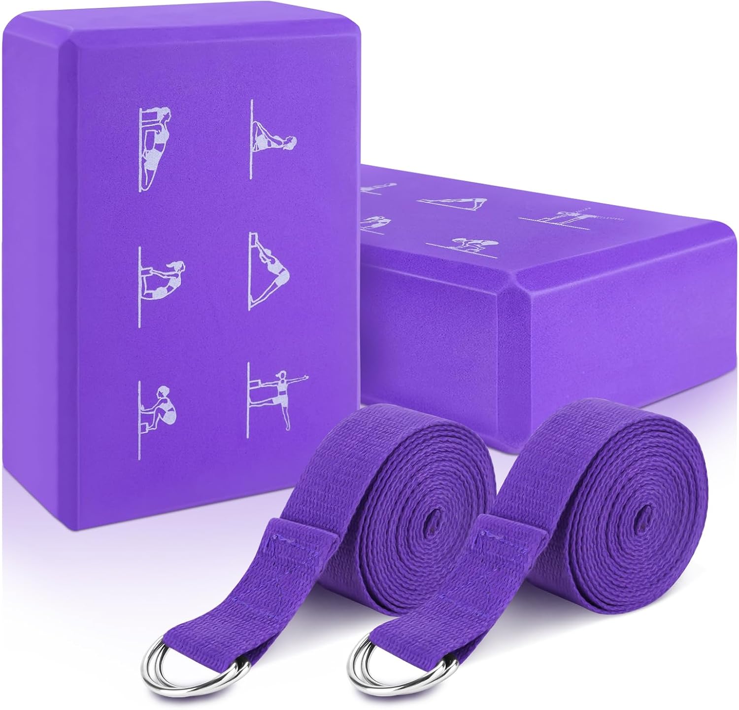 RETON Zestaw 2 klocków do jogi z paskiem, lekkie klocki z pianki EVA, klocki do jogi, pilates, blok do jogi o wysokiej gęstości, antypoślizgowa cegła do jogi, do rozciągania, poprawy wytrzymałości i - obrazek 2