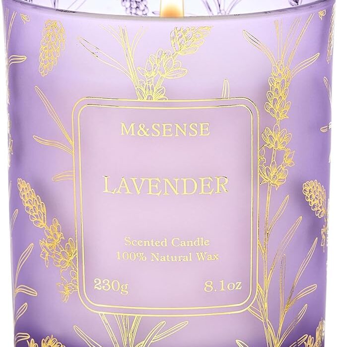 M&SENSE Świece Sojowe Lawendowe 230g, Długi Czas Palenia 42h, Delikatny Zapach Relaksacyjny do Aromaterapii i Kąpieli, Elegancka Dekoracja Domowa, Prezent dla Kobiet i Mężczyzn | 42 h, nietoksyczny, aromaterapeutyczny zapach do pomieszczeń, szkło wielokrotnego użytku