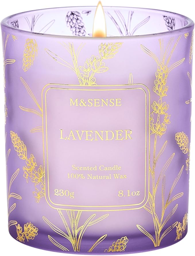 M&SENSE Świece Sojowe Lawendowe 230g, Długi Czas Palenia 42h, Delikatny Zapach Relaksacyjny do Aromaterapii i Kąpieli, Elegancka Dekoracja Domowa, Prezent dla Kobiet i Mężczyzn | 42 h, nietoksyczny, aromaterapeutyczny zapach do pomieszczeń, szkło wielokrotnego użytku