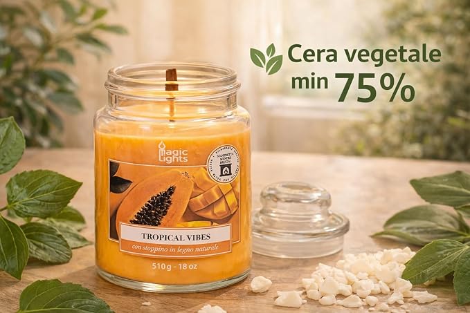 Świeca słoika 510 g Tropical Vibes - Papaya - Mango z woskiem roślinnym min. 75% - naturalny knot drewniany, wyprodukowany we Włoszech - obrazek 5