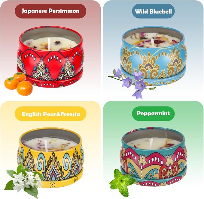 XTDMJ Świece zapachowe, prezenty dla kobiet, zestaw 4 szt. naturalnego wosku sojowego, świece do aromaterapii, łagodzące stres, odprężające ciało, Boże Narodzenie, urodziny, do łazienki, jogi - obrazek 3
