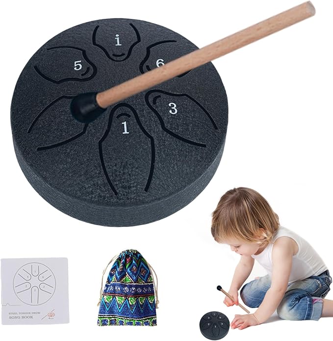 Bęben językowy, bęben czołgowy A-Key, 15 nut 7 cm, medytacja | ręczny instrument perkusyjny z młotkami, książka muzyczna do jogi, koncertów, edukacji muzycznej, początkujących