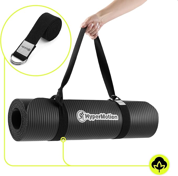 HyperMotion Mata do Ćwiczeń Fitness i Jogi NBR 183x61x0,8 cm Czarna, Antypoślizgowa, 8 mm, z Paskiem do Ćwiczeń i Przenoszenia, do Jogi, Pilatesu i Stretchingu - obrazek 2