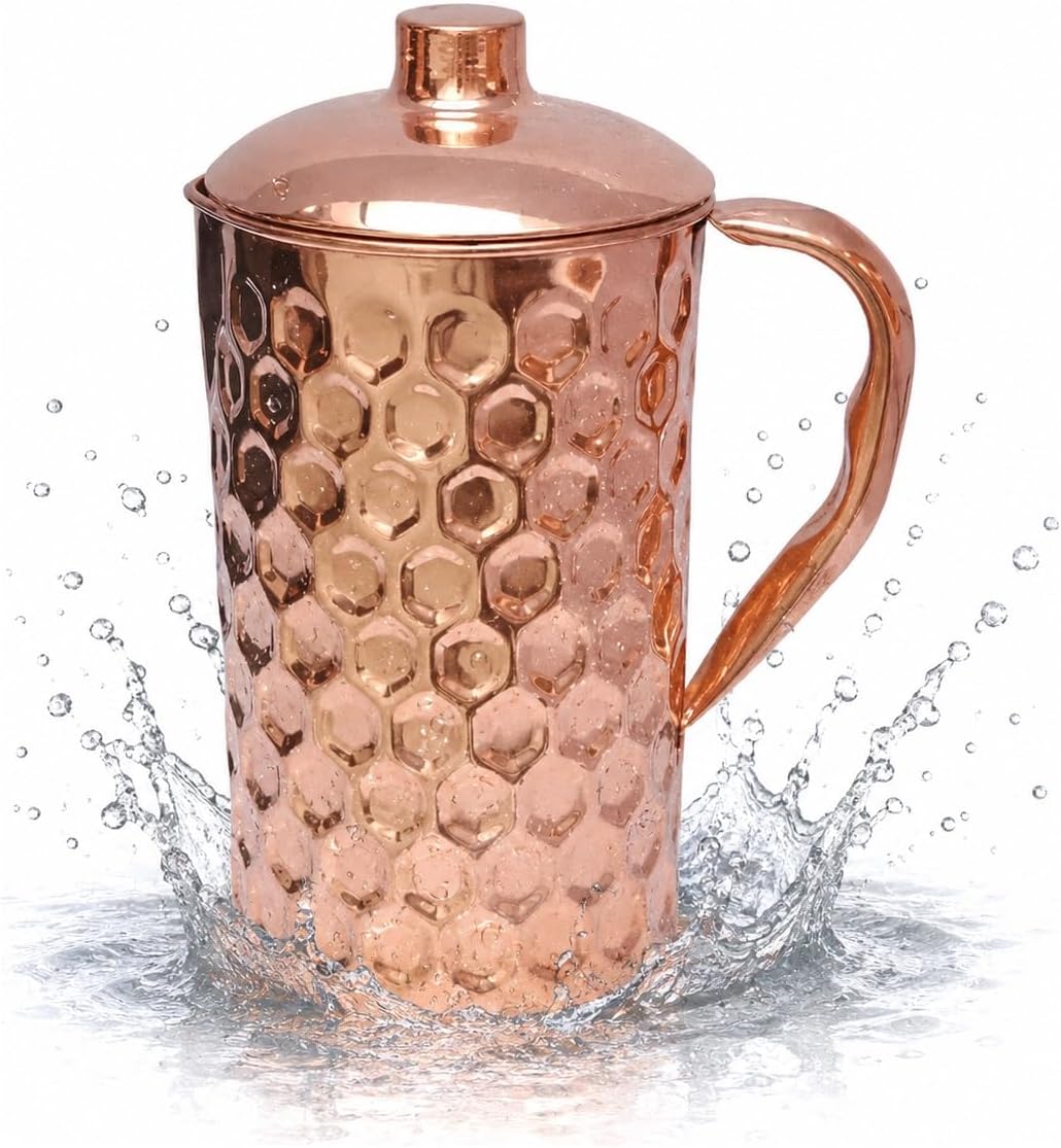 BRACOP® Dzbanek z czystej miedzi z pokrywką piersiówka ajurwedyjska młotkowana karafka na wodę Moscow Mule kubek naczynia do picia miedziane naczynia do serwowania szczelny pojemnik do picia - obrazek 2