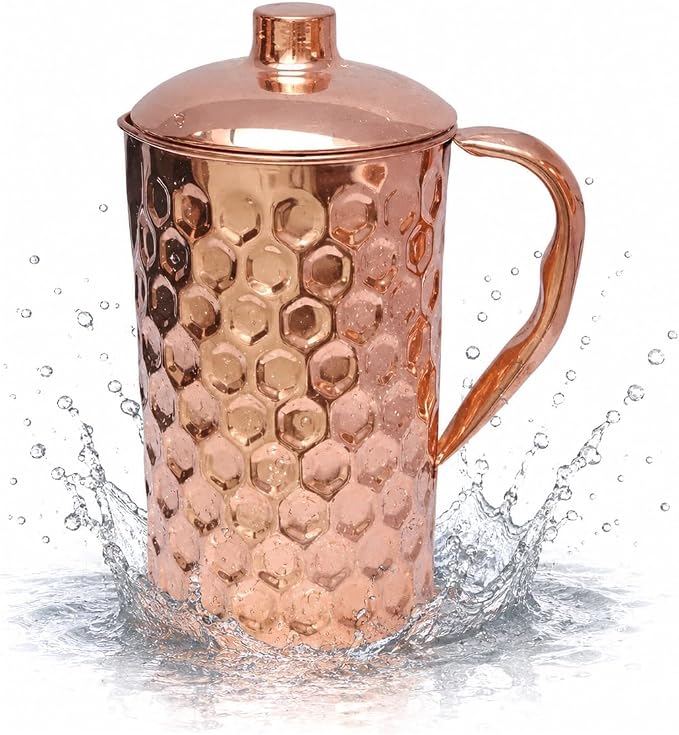 BRACOP® Dzbanek z czystej miedzi z pokrywką piersiówka ajurwedyjska młotkowana karafka na wodę Moscow Mule kubek naczynia do picia miedziane naczynia do serwowania szczelny pojemnik do picia