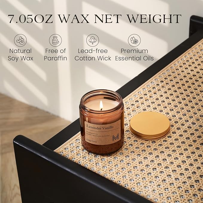 M&SENSE Zapachowa świeca lawendowa wanilia, 200 g świeca zapachowa w słoiku naturalna świeca sojowa, 50 godzin palenia, prezenty na prezenty urodzinowe dla kobiet i mężczyzn - obrazek 4