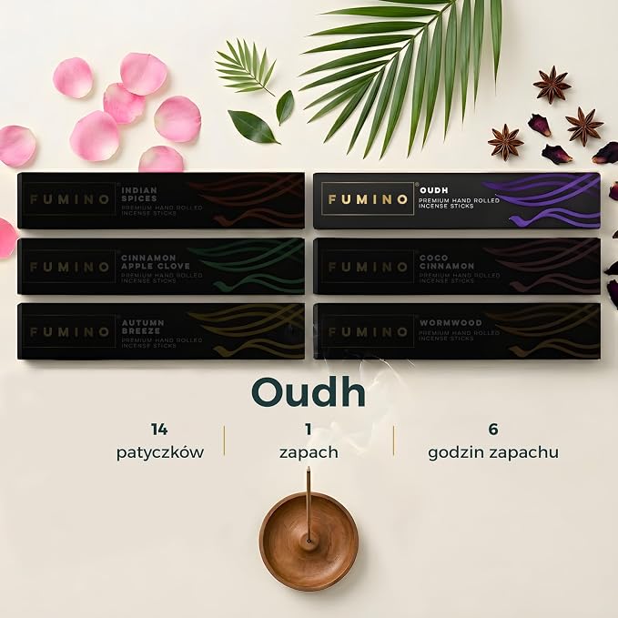 Fumino® Zapach Oudh – świeże, ręcznie wykonane kadzidełka patyczkowe, 14 sztuk w opakowaniu (15 g), Masala Agarbatti Joss, zapach do relaksu i medytacji, dekoracja domu | Fumino Masala Agarbatti Joss Sticks, nietoksyczne certyfikowane, medytacja, relaks, zapach domu, naturalny, ręcznie zwijany - obrazek 3