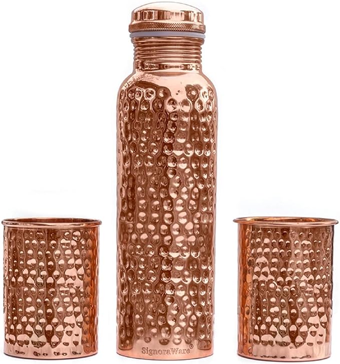 Miedziana butelka z 2 szklankami (butelka 900 ml + 2 szklanki 275 ml, zestaw 3 sztuk, młotkowana)