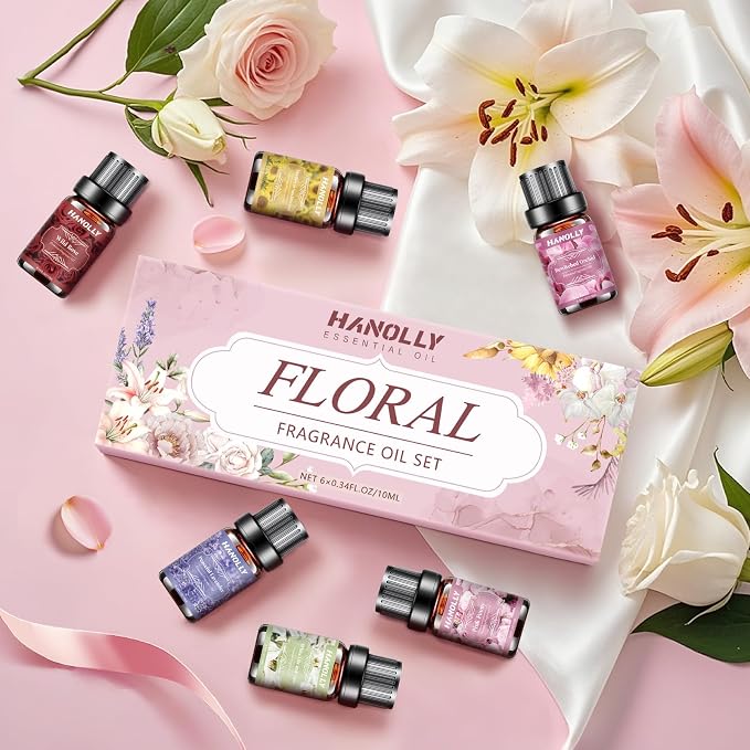 Hanolly 6 x 10 ml Zestaw Kwiatowych Olejków Eterycznych, Naturalne Olejki Zapachowe Do Dyfuzorów – Biała Lilia I Aloes, Różowa Piwonia, Dzika Róża, Słonecznik, Drzewo Sandałowe, Orchidea, Lawenda - obrazek 7