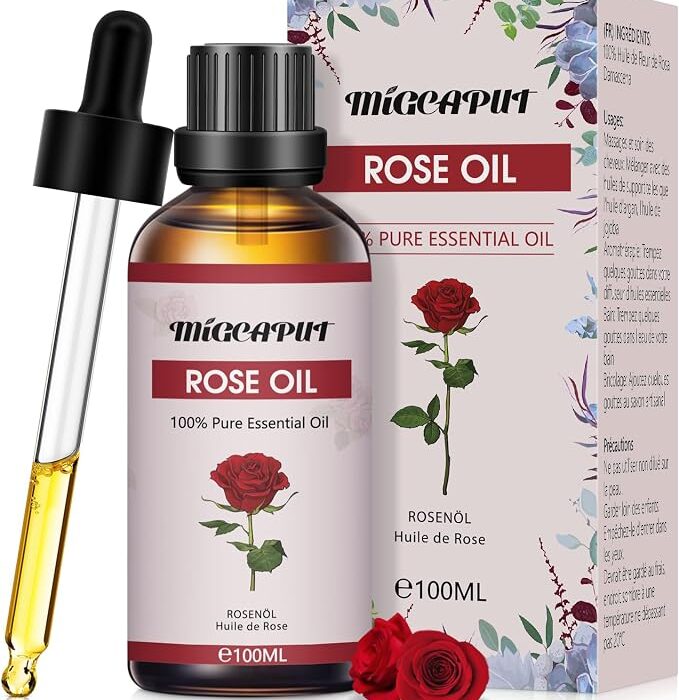 MIGCAPUT Olejek Eteryczny z Róży 100ML, 100% Naturalny Olejek Aromaterapeutyczny, Olejek Różany Klasy Terapeutycznej do Dyfuzora Nawilżacza, SPA, Masażu
