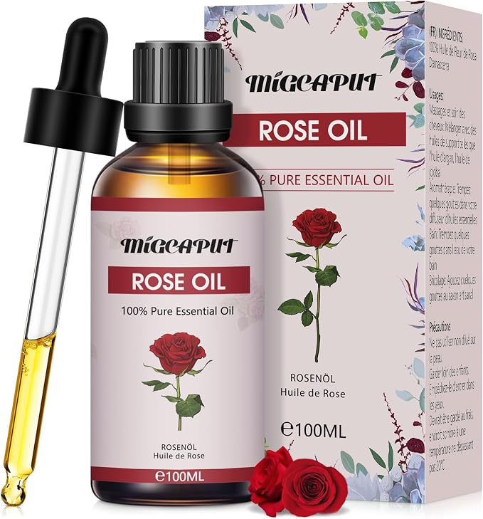 MIGCAPUT Olejek Eteryczny z Róży 100ML, 100% Naturalny Olejek Aromaterapeutyczny, Olejek Różany Klasy Terapeutycznej do Dyfuzora Nawilżacza, SPA, Masażu