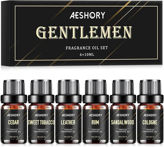 Aeshory 6x10ml Olejki Eteryczne Dla Mężczyzn, Zestaw Naturalnych Olejków Zapachowych Do Dyfuzora, Do Wyrobu Świec – Drzewo Sandałowe, Cedr, Skóra, Słodki Tytoń, Rum Laurowy, Woda Kolońska