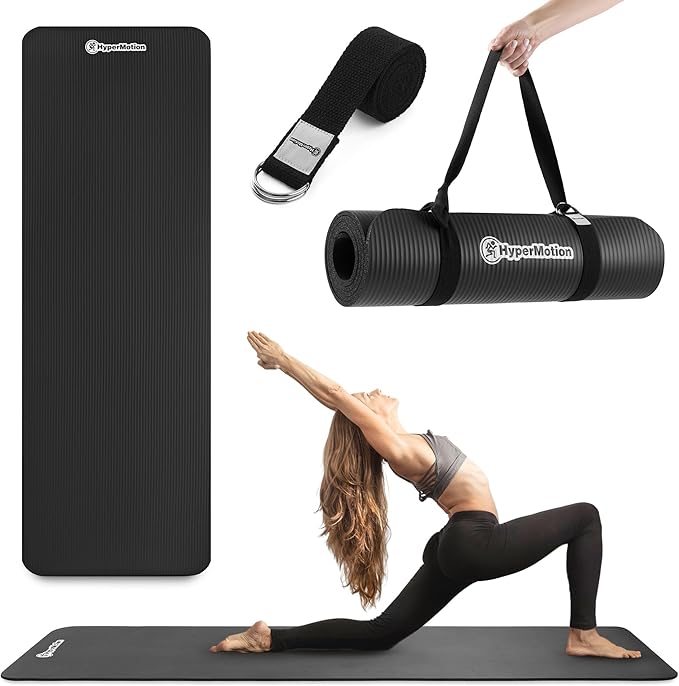HyperMotion Mata do Ćwiczeń Fitness i Jogi NBR 183x61x0,8 cm Czarna, Antypoślizgowa, 8 mm, z Paskiem do Ćwiczeń i Przenoszenia, do Jogi, Pilatesu i Stretchingu