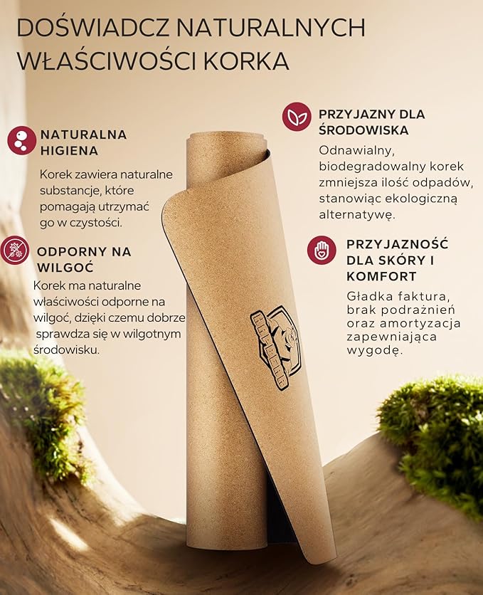 HAPBEAR Mata do jogi z korka XXL – Antypoślizgowa, 183×116/91 cm, 6 mm, 100% naturalna, trwała, do jogi i pilatesu, z taśmą oporową i torbą - obrazek 6