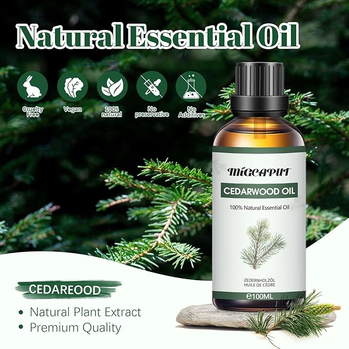 MIGCAPUT Olejek Eteryczny z Drzewa Cedrowego 100ML, Olejki do Aromaterapii Premium, 100% Naturalny Olejki Aromaterapeutyczny do Dyfuzora, SPA, Masażu, Snu, Mydła, Ręcznie Robione Świece - obrazek 2