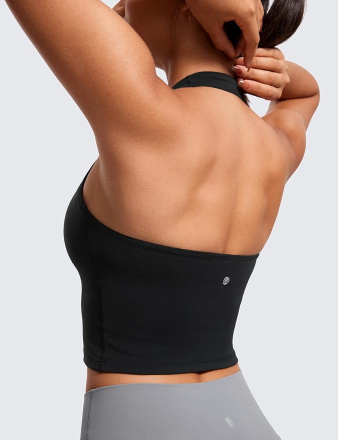CRZ YOGA Butterluxe Halter Crop Tank Tops | Lekkie wsparcie, wyjmowane wkładki, do jogi, wyjątkowo miękkie, z odkrytymi plecami, długie biustonosze sportowe dla kobiet - obrazek 5