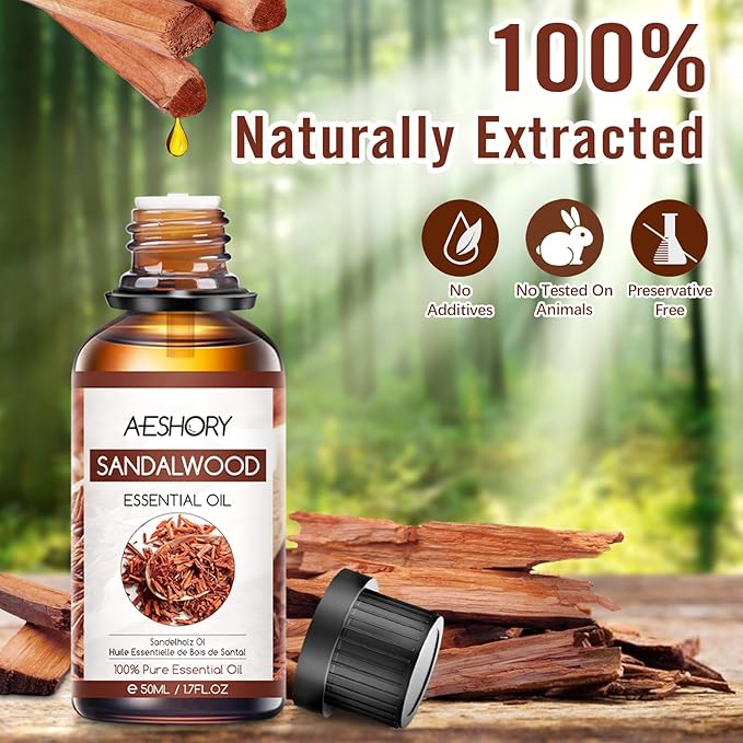 Aeshory Olejek Eteryczny Z Drzewa Sandałowego 50 ml, 100% Czysty, Naturalny Olejek Sandałowy, Idealny Do Dyfuzora, Nawilżacza Powietrza, Aromaterapii, Relaksu, Pielęgnacji Skóry, Perfum I Wyrobu Świec - obrazek 3
