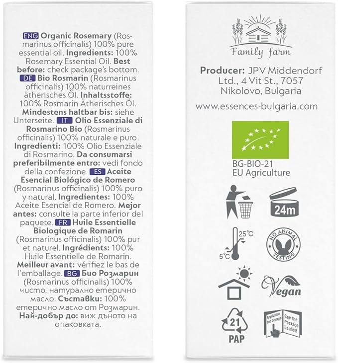 Essences Bułgaria Organiczny Olejek Eteryczny z Rozmarynu 10 ml | Rosmarinus officinalis | 100% Czysty i Naturalny | Nierozcieńczony | Klasa terapeutyczna | Destylowany z parą wodną | Bez GMO - obrazek 5
