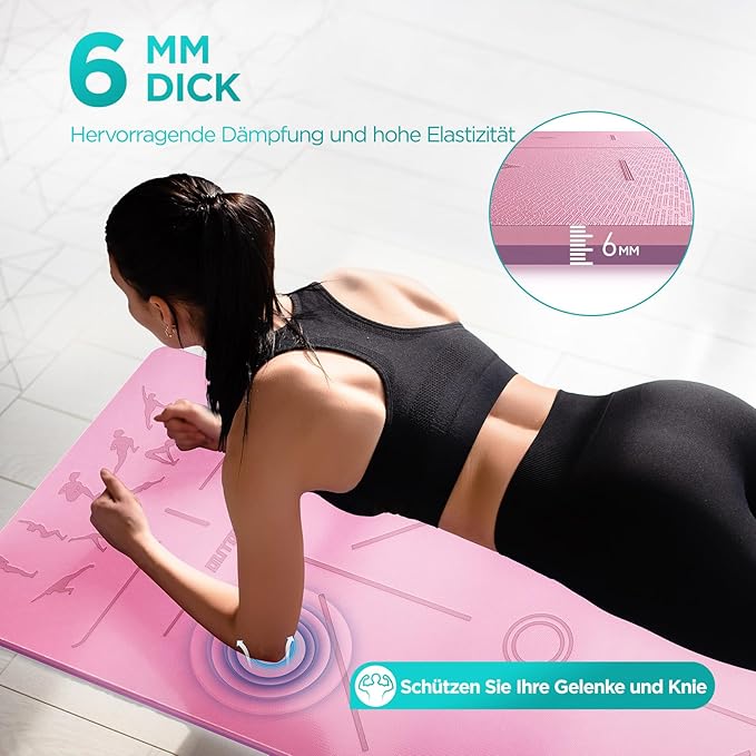 Mata do jogi, z termoplastycznego elastomeru poliestrowego o grubości 6 mm, przyjazna dla skóry, antypoślizgowa, do pilatesu, medytacji, stretchingu, z paskiem do noszenia, domowy trening | Z pozami jogi, liniami wyrównania, paskiem do noszenia, do jogi, pilatesu, domu, stretchingu i treningu sportowego - obrazek 6