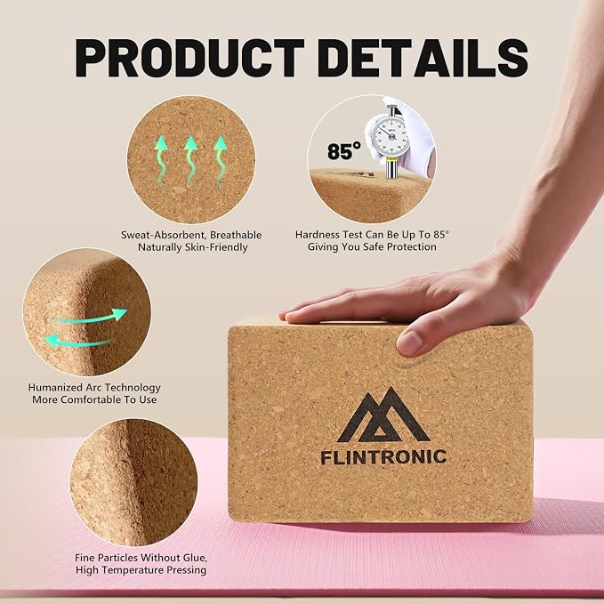 Flintronic Korkowe klocki do jogi, 2 szt. cegieł do jogi z korkiem, z taśmą oporową, klocki fitness do treningu pilatesu i ćwiczeń w domu - obrazek 5