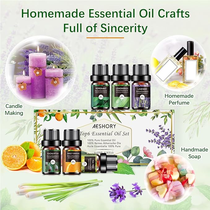 AESHORY Olejki Eteryczne Do Dyfuzorów 6 x 10ML, 100% Naturalny Zestaw Olejków Zapachowych Do Aromaterapii Do Mydła, Świec, Spa - Lawenda, Mięta, Drzewo Herbaciane, Słodka Pomarańcza, Eukaliptus - obrazek 5