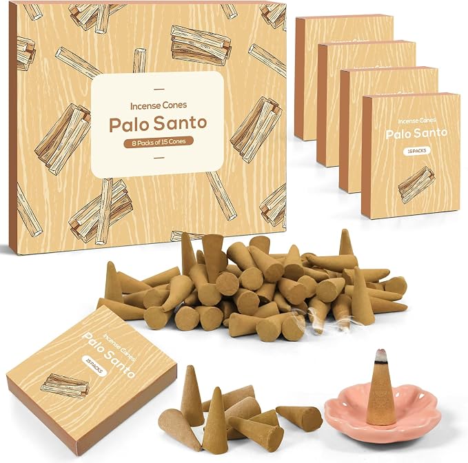 Palo Santo stożki kadzidełkowe 120 szt., 8 sztuk, najlepsze do modlitwy, medytacji i relaksu, zestaw kadzidełek z uchwytem na kadzidełka